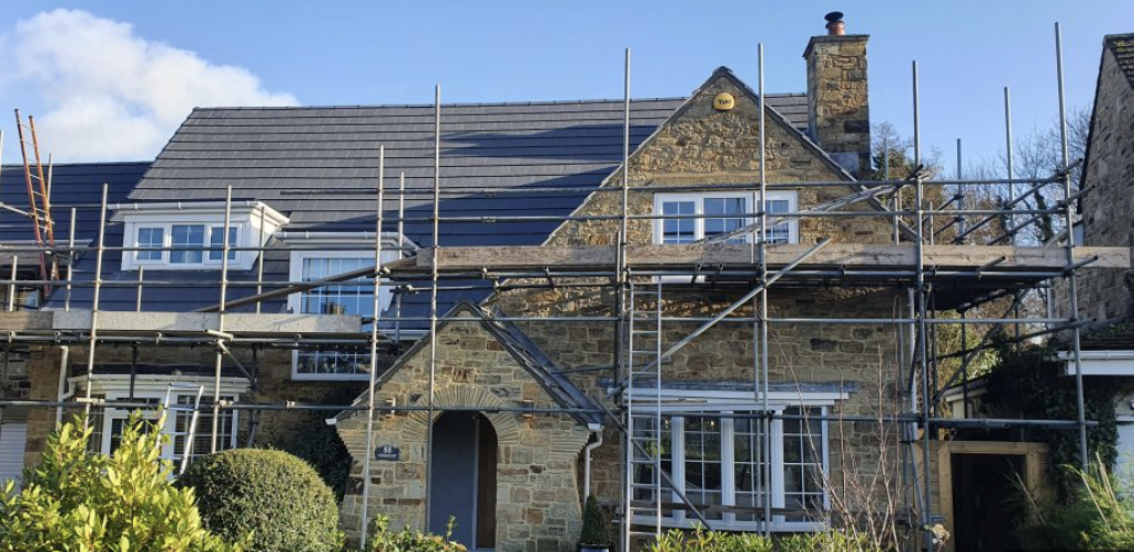 Roof renovation with scaffolding